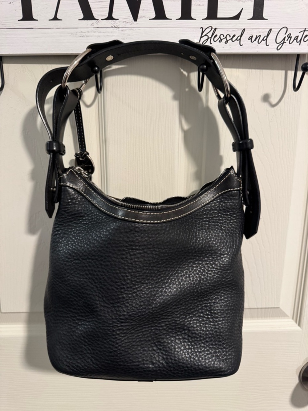 Dooney & Bourke Black Pebbled Leather Satchel with White Contrast Stitching